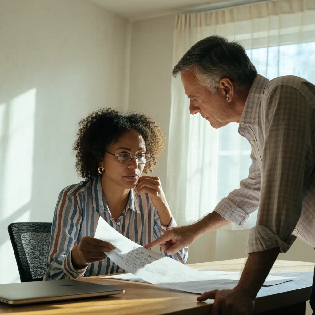 A marketing manager and a consultant reviewing a printed page layout together at a light desk in a plaster-walled office