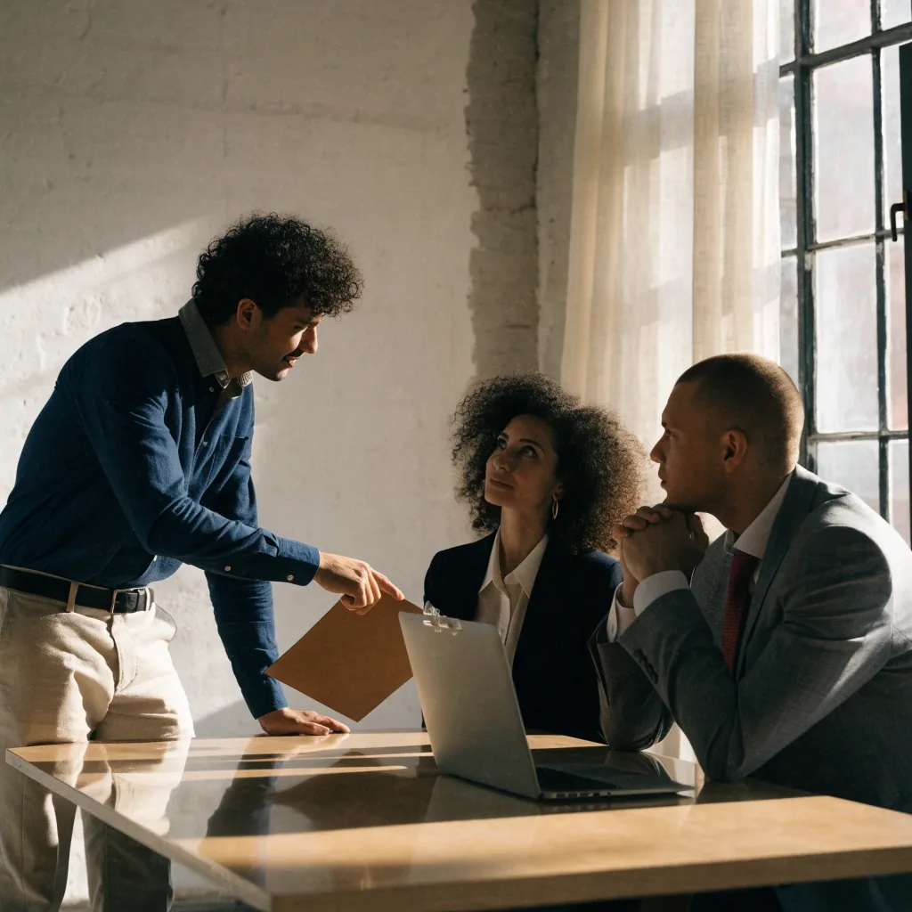 Three consultants working around a shared light table in an open plaster-walled office while one person points at a folder