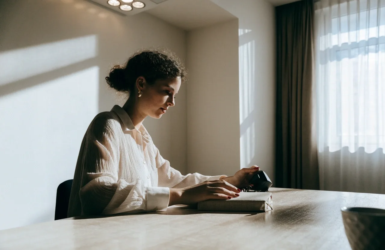 Hands holding a phone beside a notebook on a light office table while a booking step is reviewed