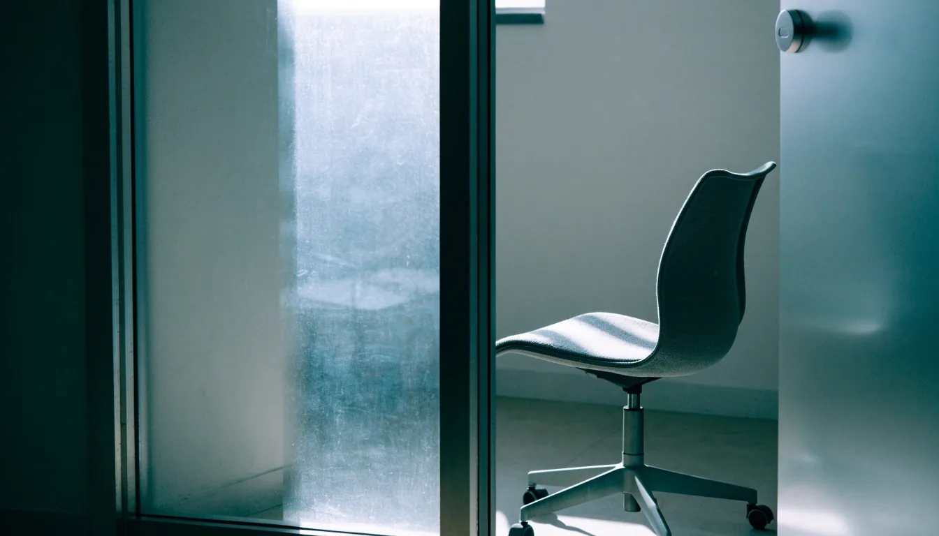 A quiet office meeting room seen through a thin metal doorframe, plaster wall and frosted glass panel in cool daylight