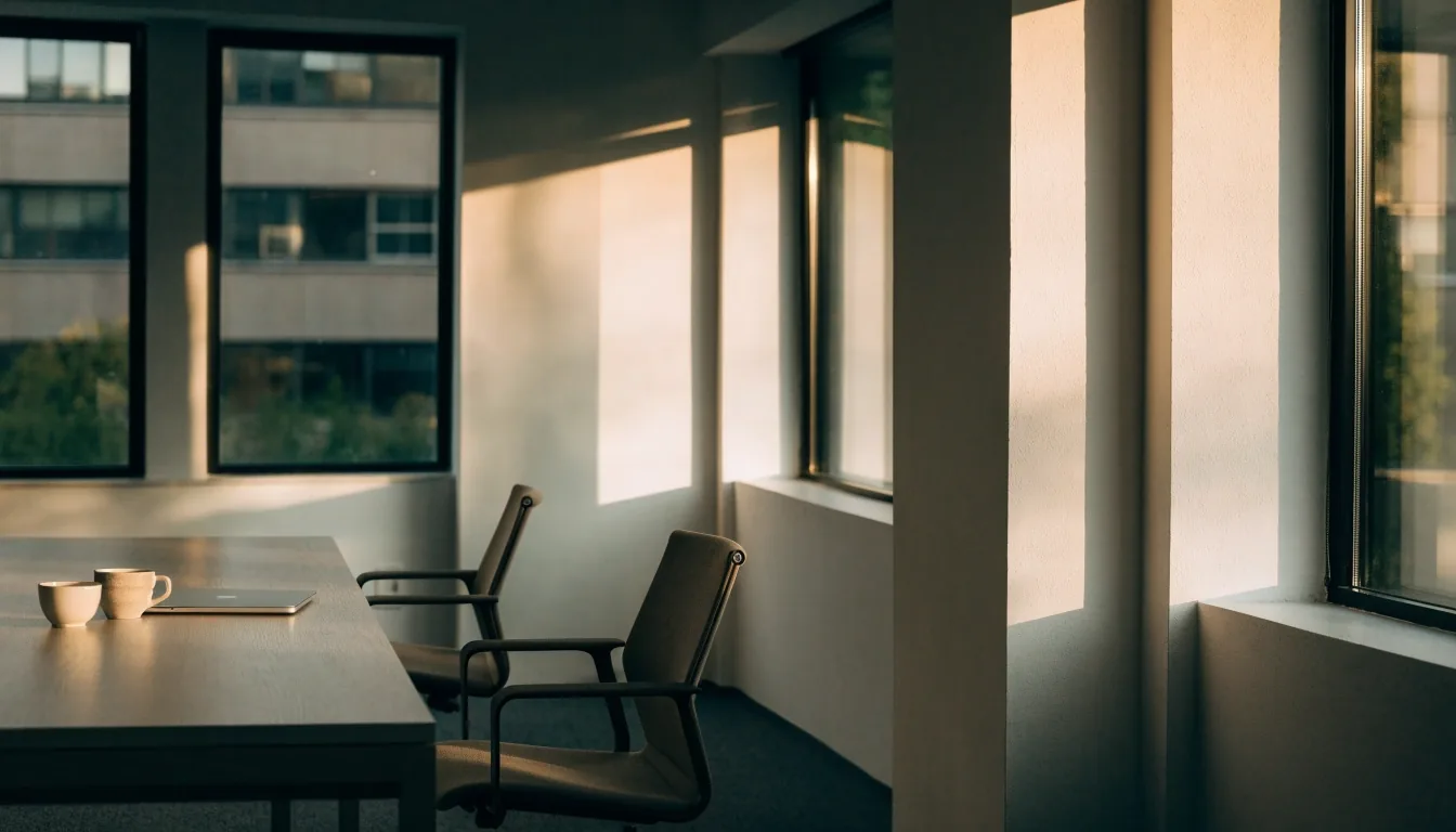 An empty consultation table in a bright plaster-walled meeting room with a laptop and two coffee cups