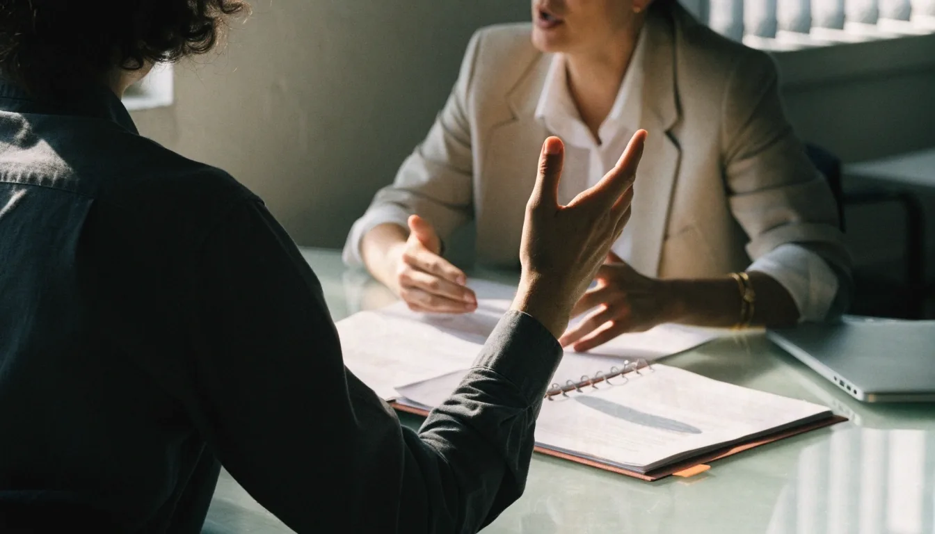 Two people talking across a light meeting table with a folder between them