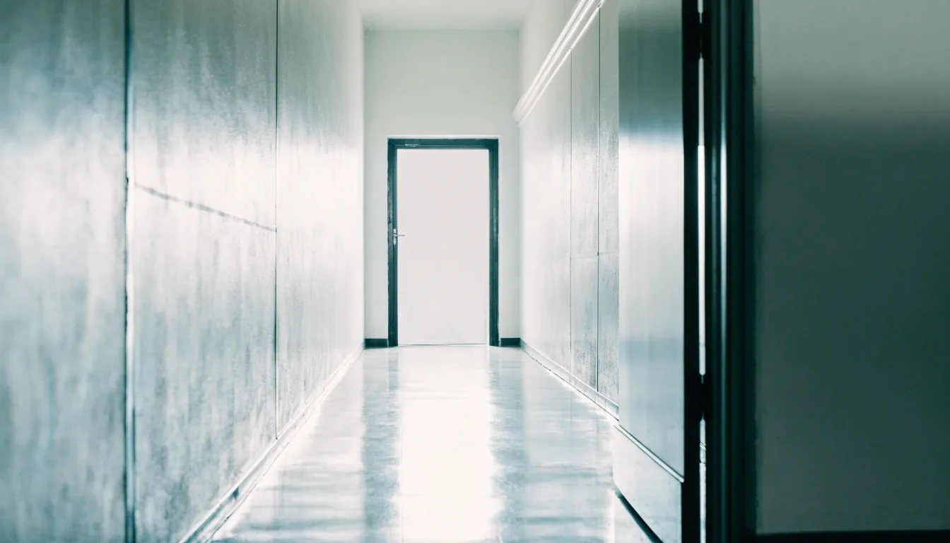 A light office corridor seen through an open doorway with plaster walls