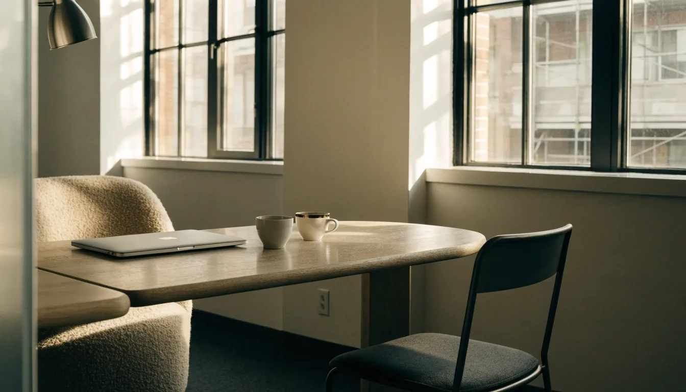 Consultation table in a bright Washington DC office, empty chair across, window light on a plaster wall