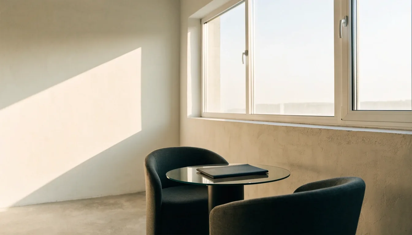 Two chairs pulled to a light table with an open folder beside a window