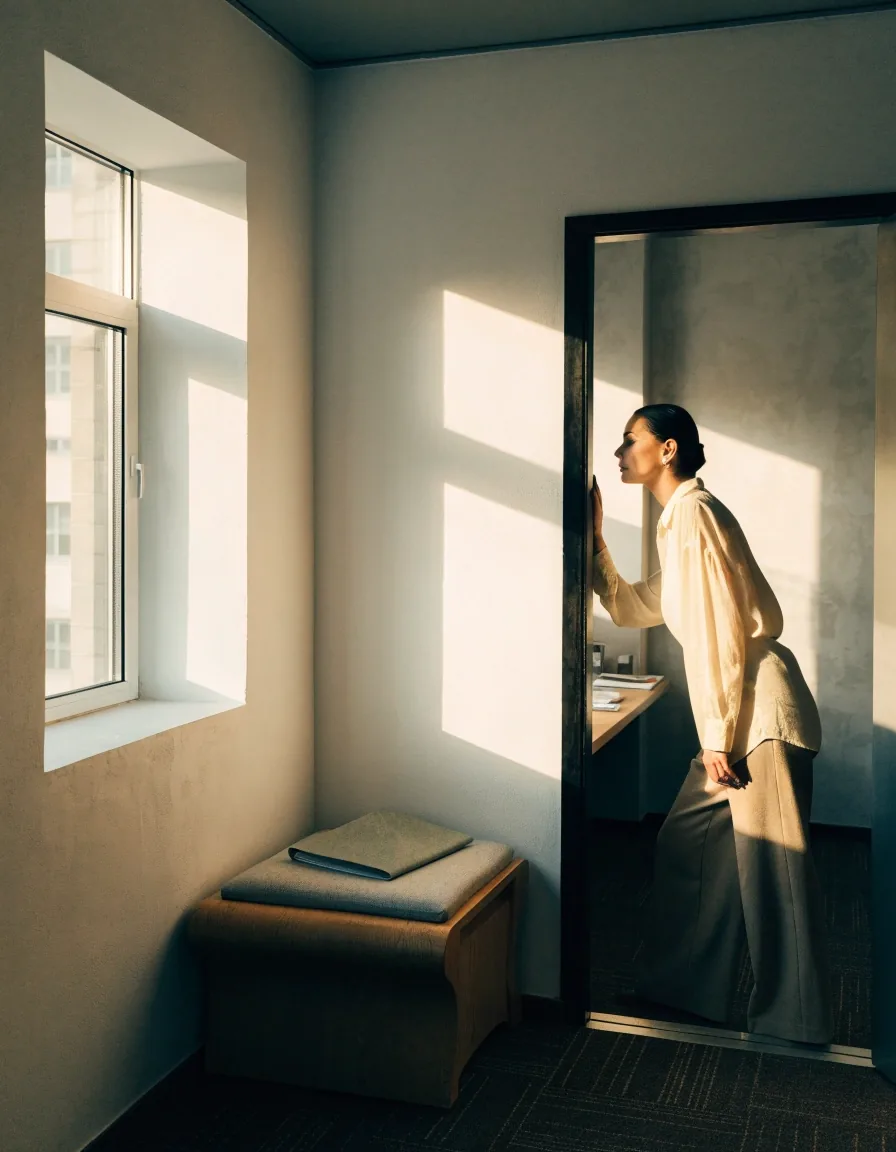 A plain office doorway with a hairline metal frame and soft hallway light