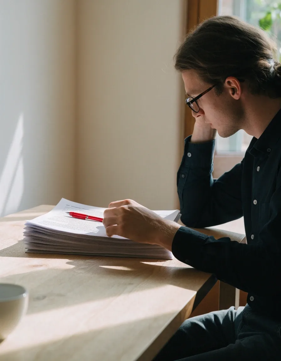 A consultant reviewing a stack of printed proposals at a light table
