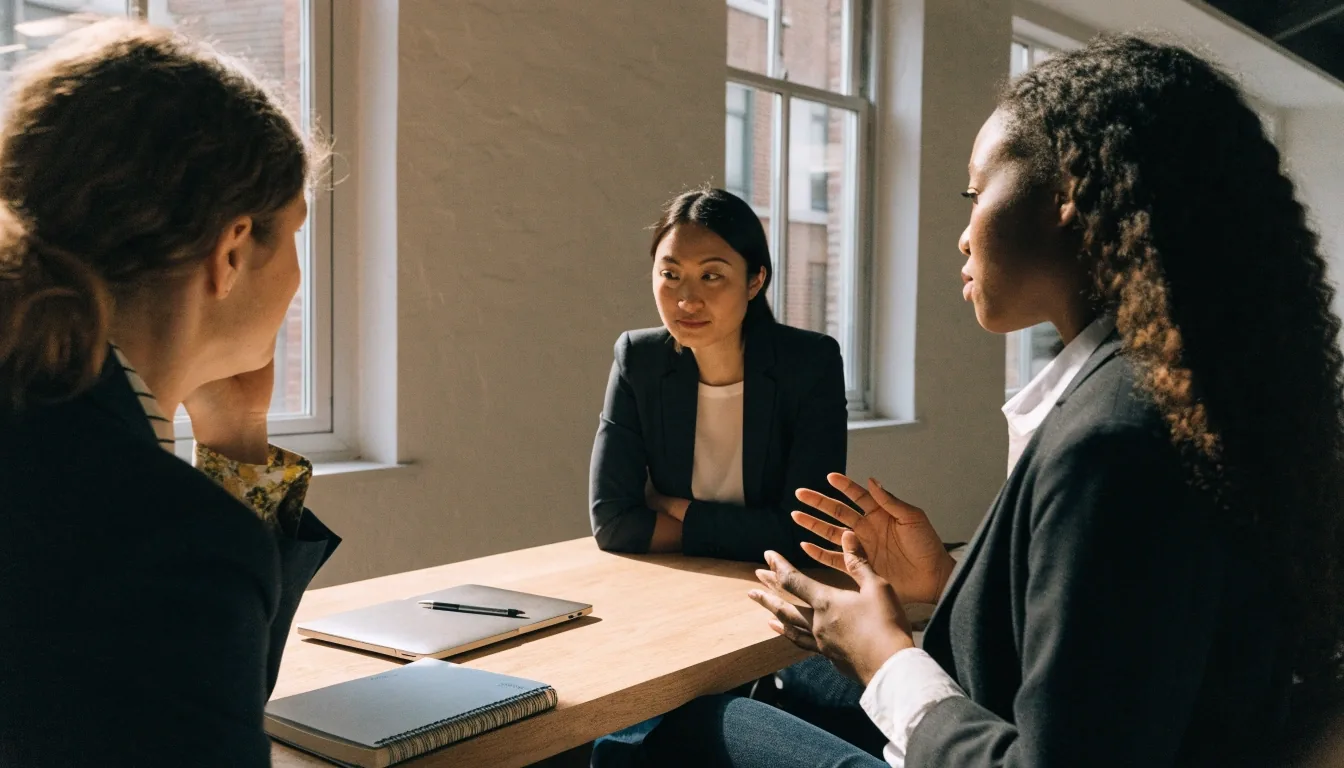 Consultants in conversation with a client across a light table in a plaster-walled office
