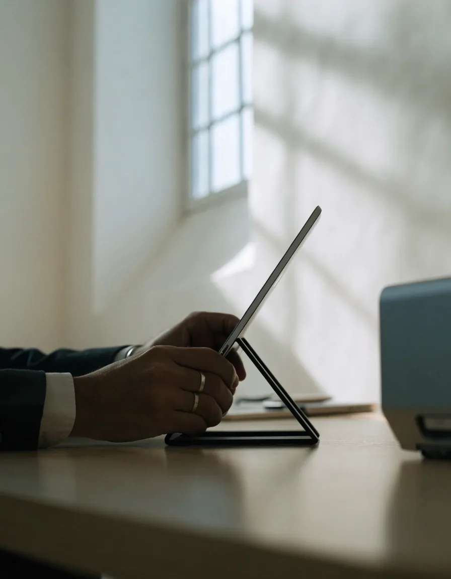 Laptop edge and phone on a light table with cool screen-spill on the wall