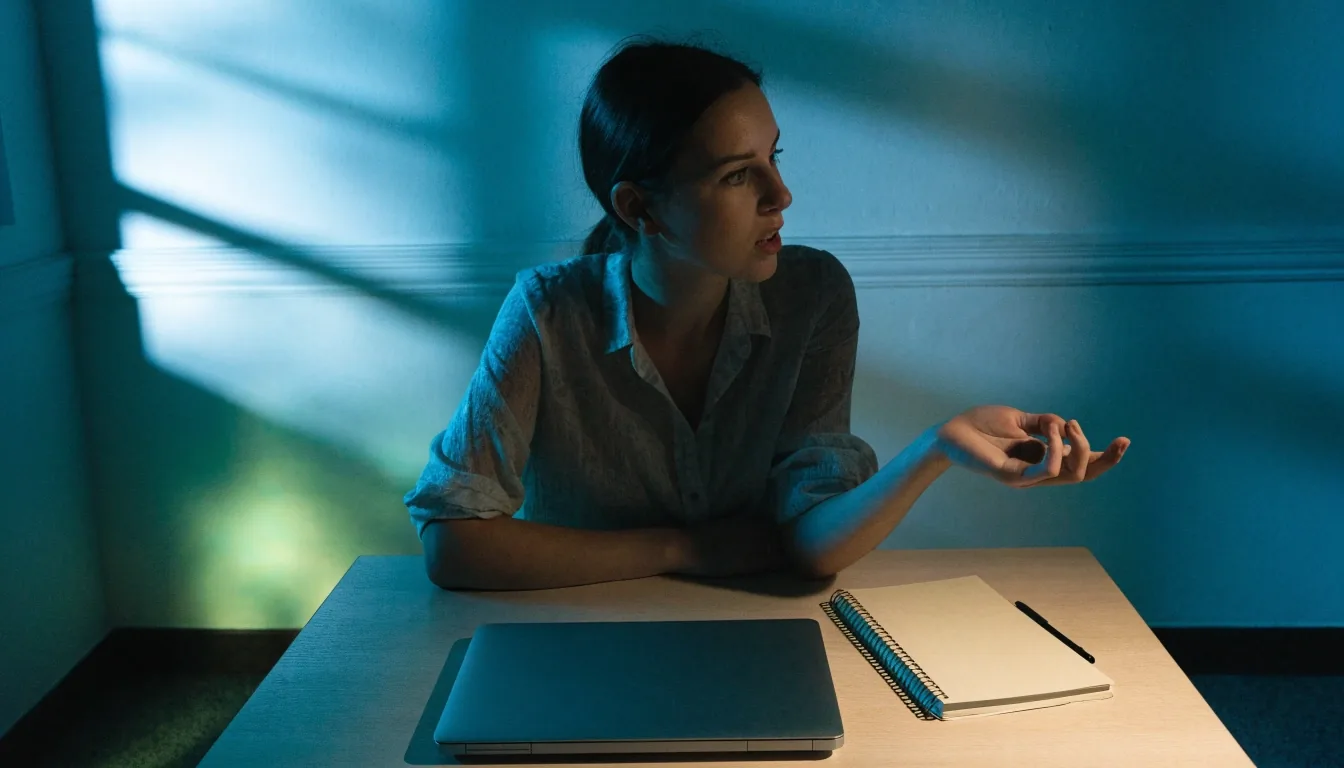 Consulting office desk where booking-page copy and intake questions are drafted, with a laptop screen glowing against a plaster wall