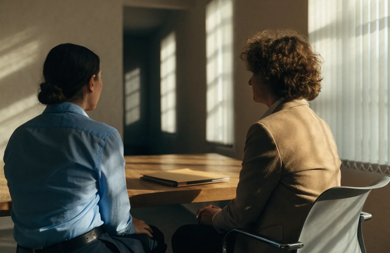 Two consultants talking through a service scope across a table in a light plaster-walled office